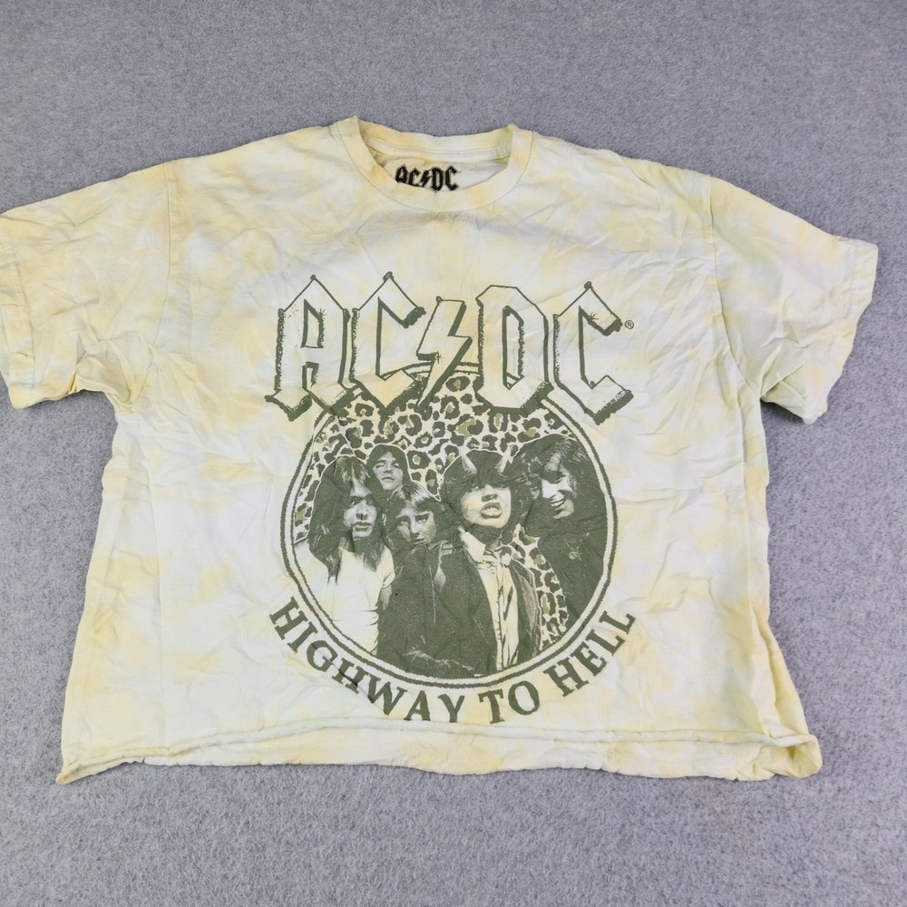 AC/DC Cropped T-Shirt Womens Large Yellow Cotton Highway To Hell Graphic Hybrid